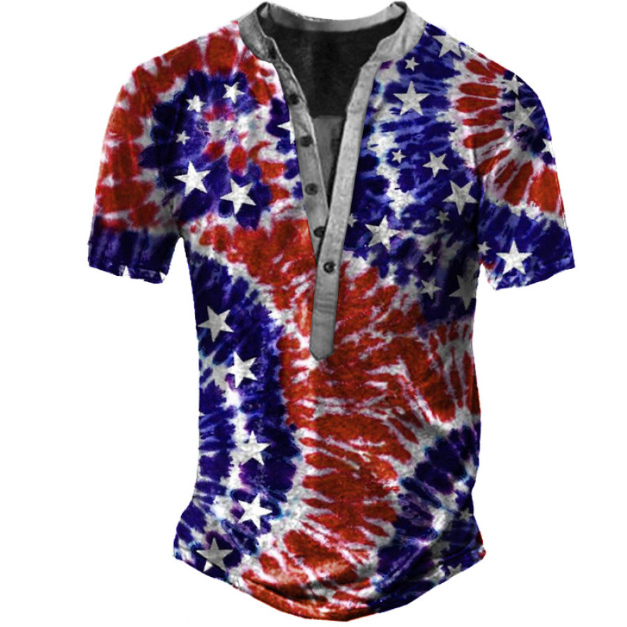 

Men's American Flag Star Tie-Dye Henley T-Shirt