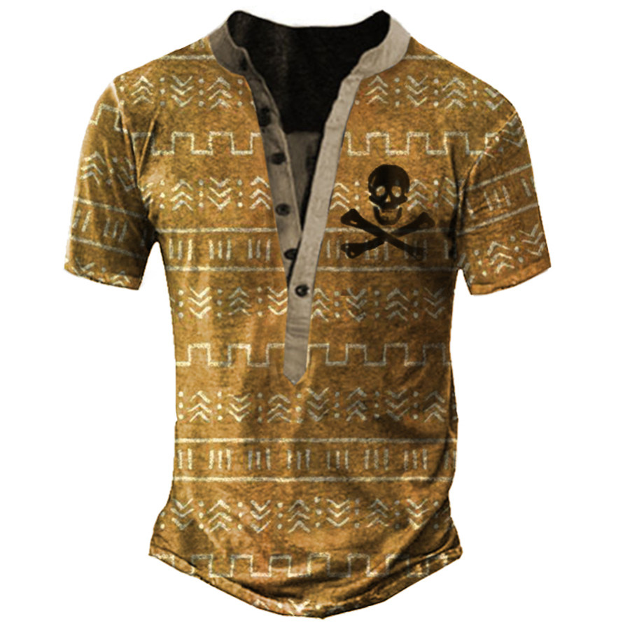 

Men's Aztec Pirate Skull Print Henley Short Sleeve T-Shirt