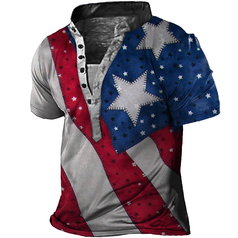American Flag Print Men's Chic Vintage Henley Collar T-shirt