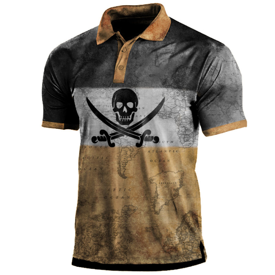 

Men's Vintage Pirate Skull World Map Polo T-Shirt