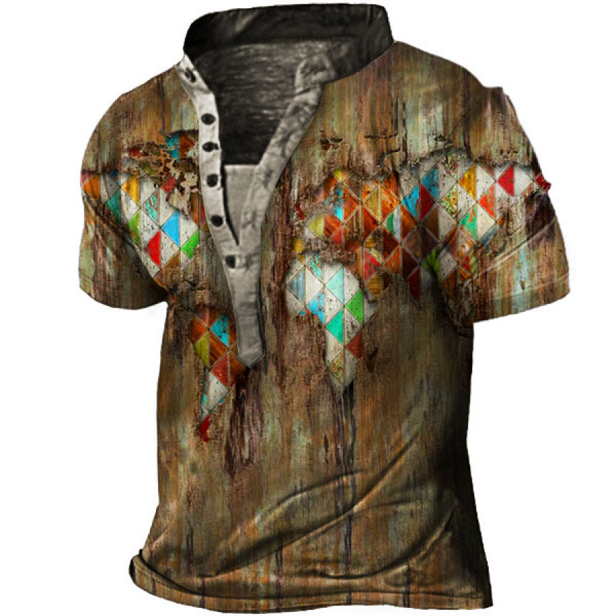 

Men's Vintage Ethnic Geometric World Map Henley T-Shirt