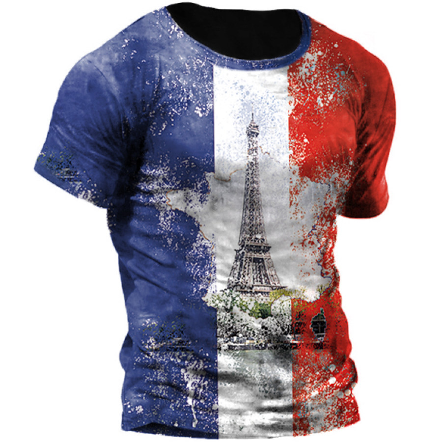 

Men's Vintage French Flag Eiffel Tower Print T-Shirt