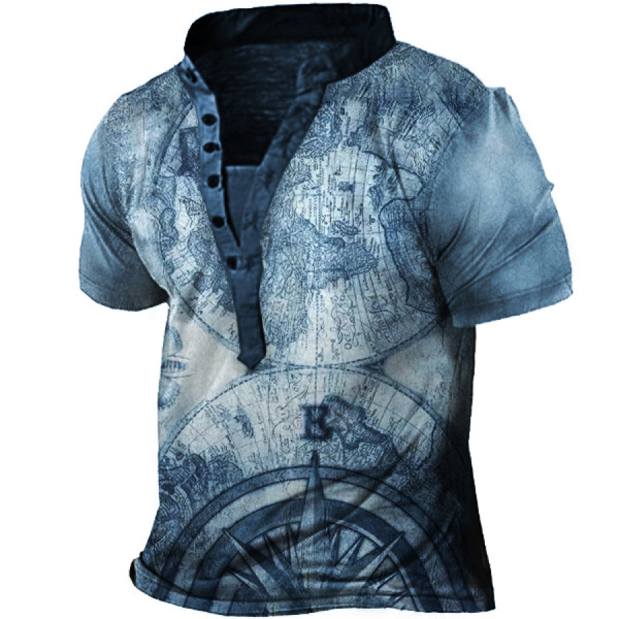 

Vintage Compass Printed Men's Outdoor Tactical Henley Short Sleeve T-Shirt