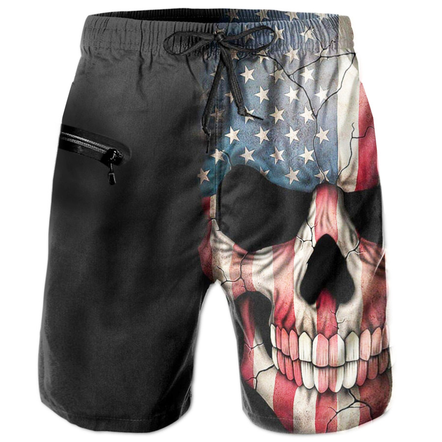 

American Flag Skull Print Men's Zip Pocket Casual Shorts