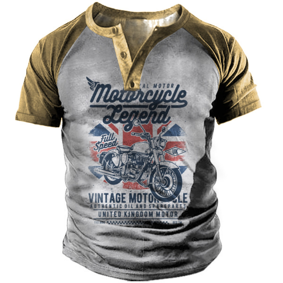 

Vintage Motorcycle Print Men's Henley Collar Short Sleeve T-Shirt