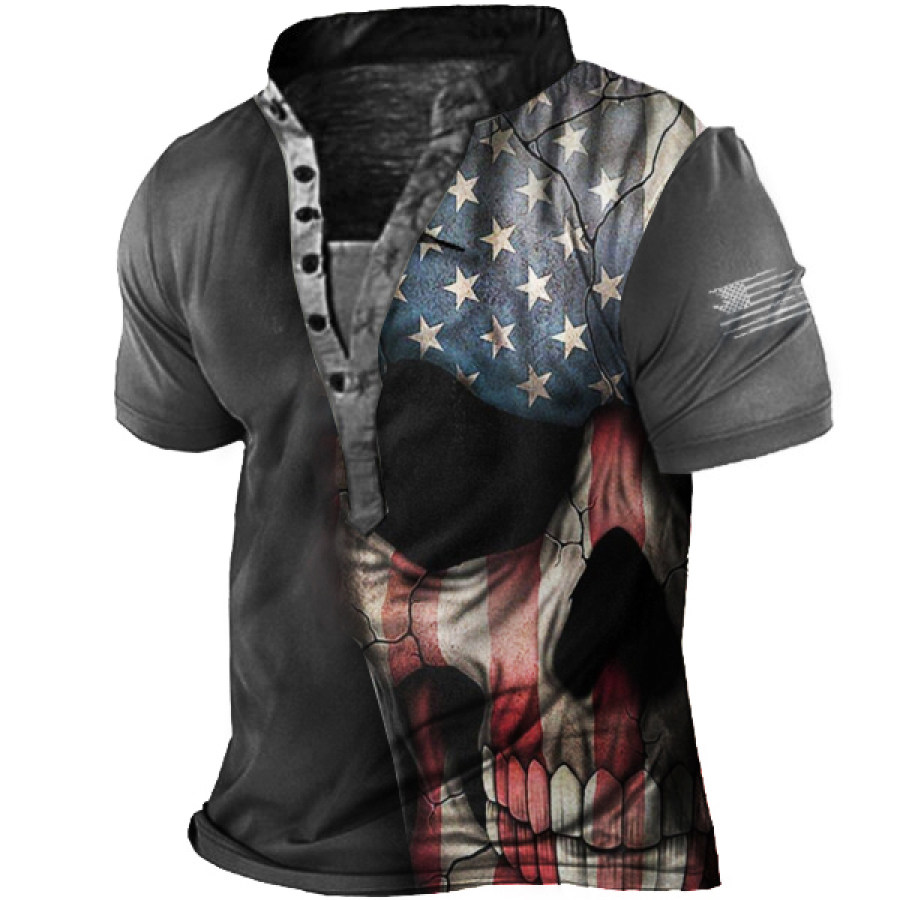 

Skull Vintage American Flag Men's Henley Collar Short Sleeve T-Shirt