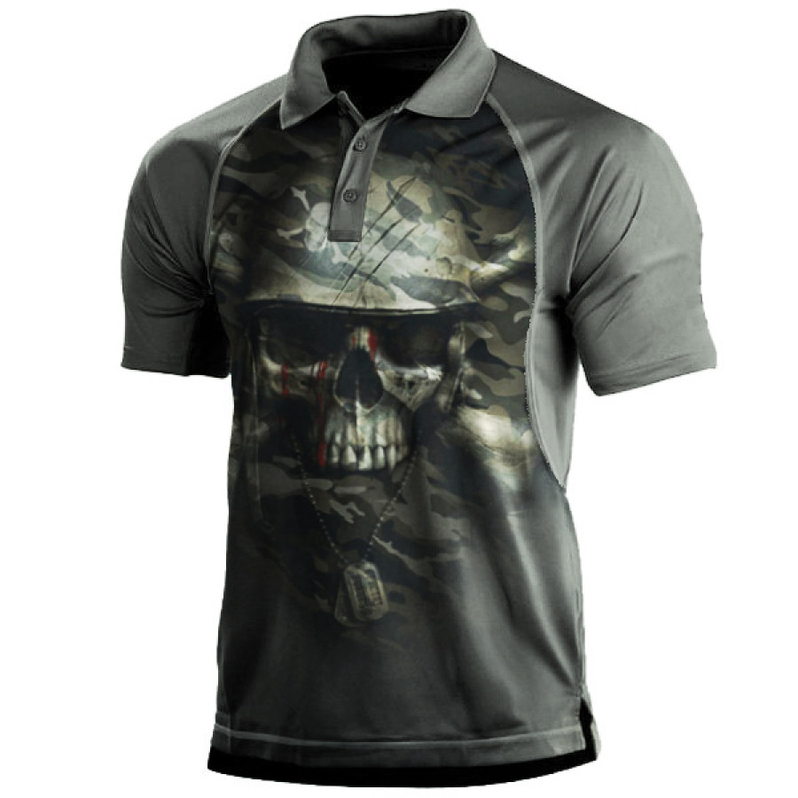

Camouflage Skull Men's Outdoor American Flag Tactical Sport PoLo Neck T-Shirt
