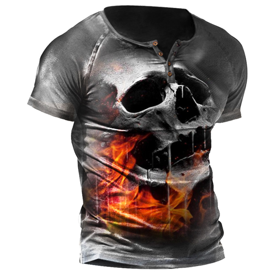 

Flame Skull Men's Vintage Print Henley Collar Short Sleeve T-Shirt