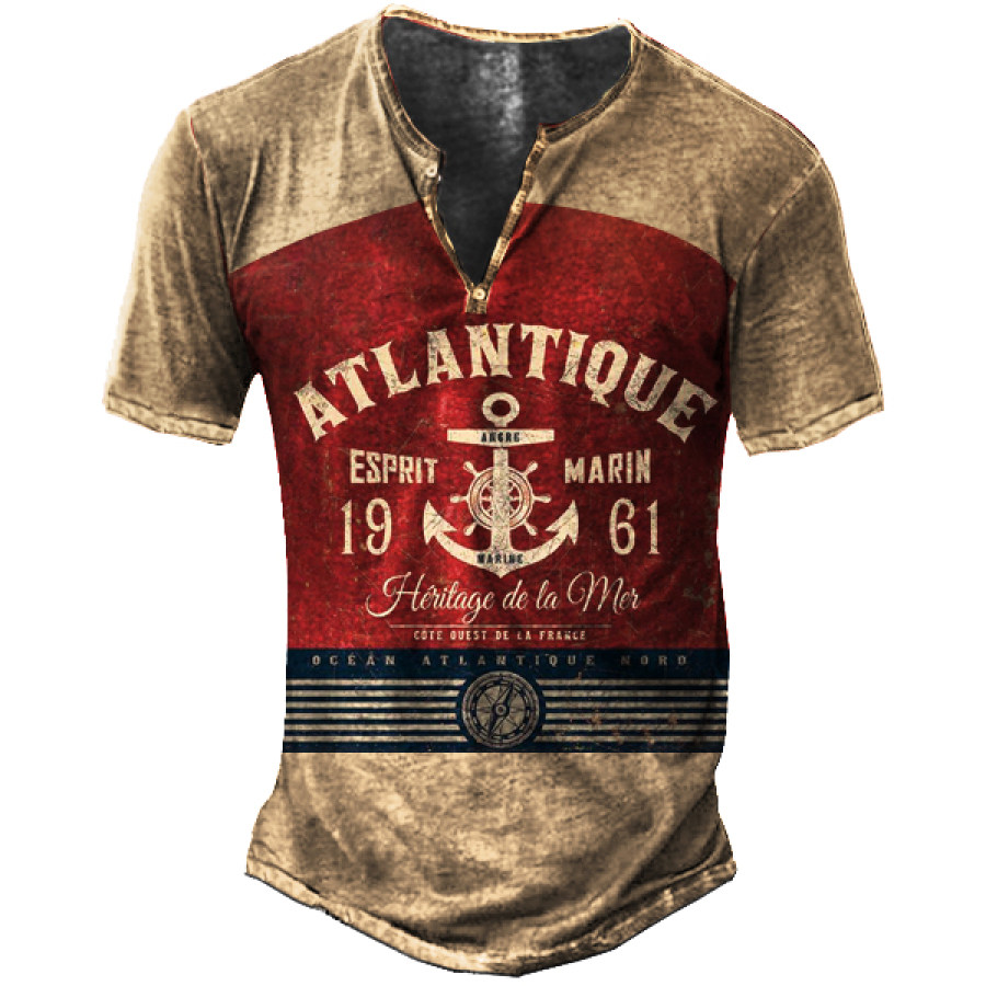 

Vintage Nautical Boat Sight Print Men's Henley Collar Short Sleeve T-Shirt