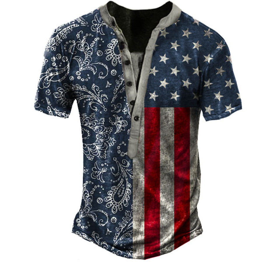 

Men's Vintage Paisley American Flag Print Henley T-Shirt