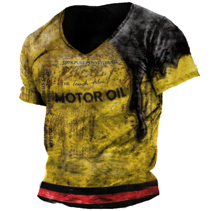 

Men's Vintage Motor Oil Print V-Neck T-Shirt