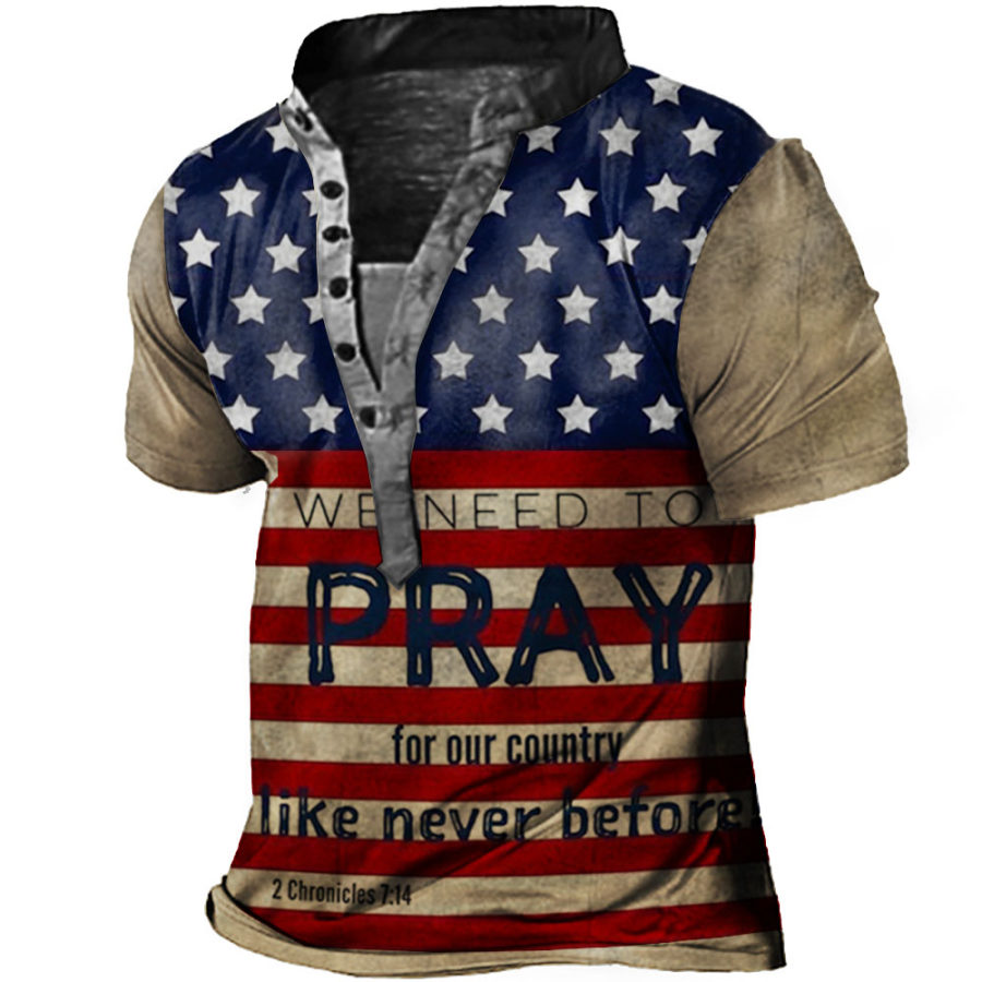 

Men's Pray American Independence Day Print Henley T-Shirt