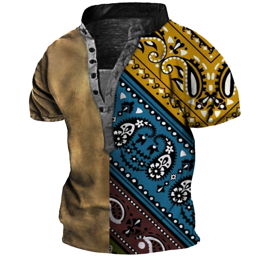 

Men's Vintage Paisley Print Henley T-Shirt