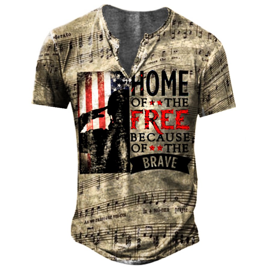 

American Flag Phonetic Symbols Home Of The Free Because Of The Brave Vintage Men's Henley Collar T-Shirt