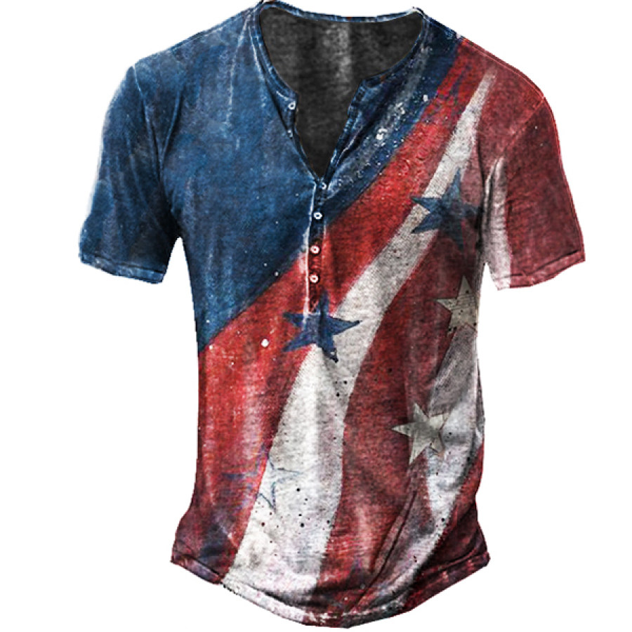 

Vintage American Flag Print Henley Short Sleeve T-Shirt
