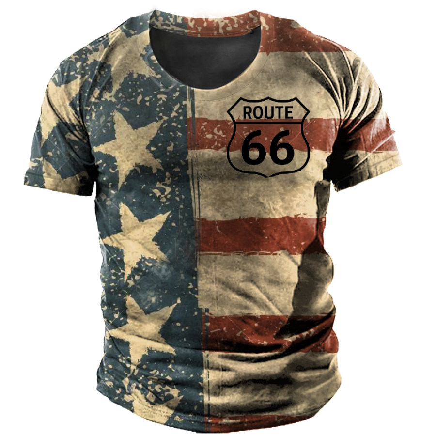 

Vintage American Flag Route 66 Print Men's Short Sleeve T-Shirt