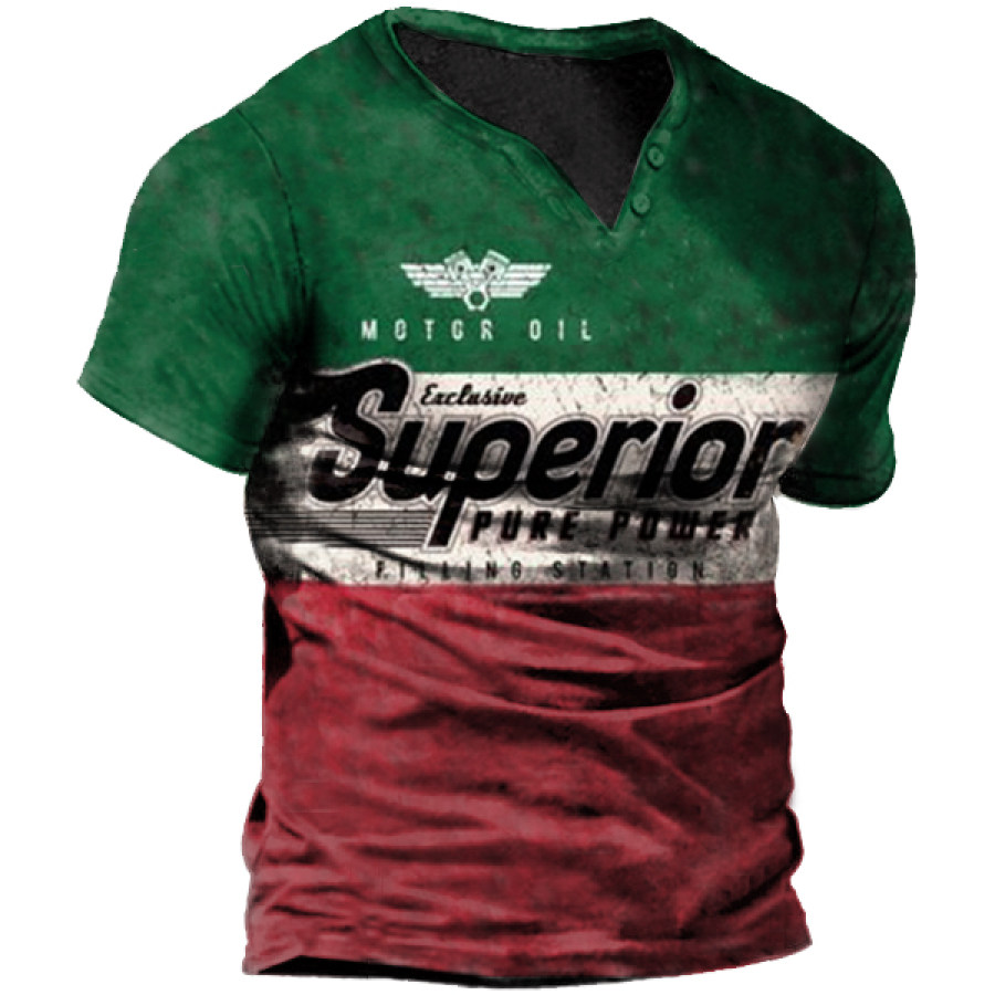 

Men's Outdoor Vintage Motor Oil Print V-Neck T-Shirt
