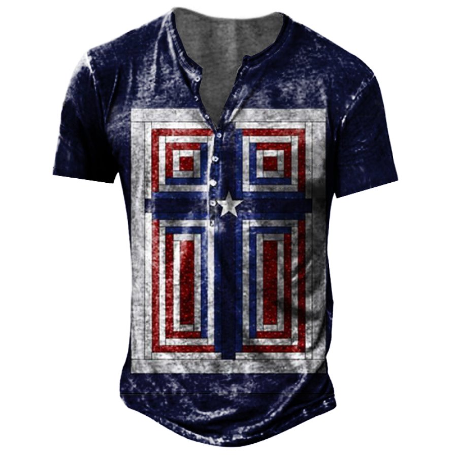 

Men's Vintage Plaid Cross Henley Collar T-Shirt