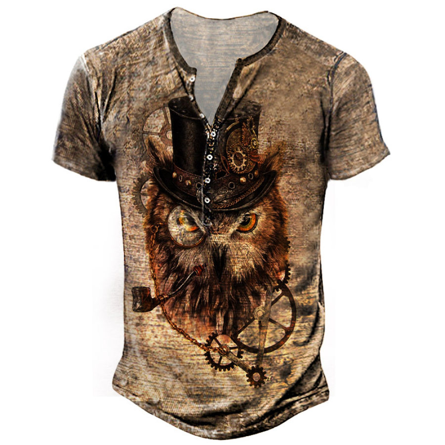 

Men's Vintage Owl Gear Print Henley T-Shirt