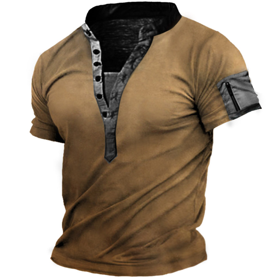 

Men's Outdoor Henley Collar Zip Sleeve Pocket Tactical Short Sleeve T-Shirt