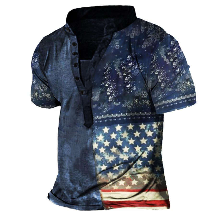 

Men's Retro Plaid Western Style Patchwork Henley Shirt
