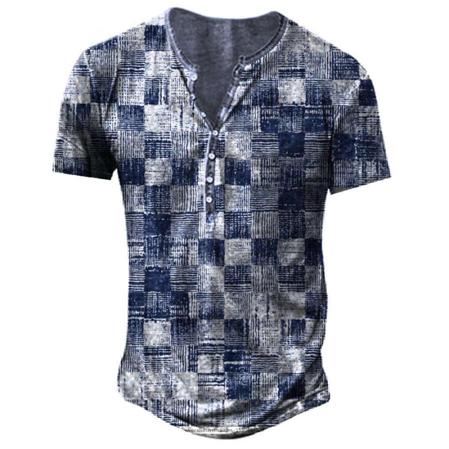 

Men's Vintage Plaid Henley Collar T-Shirt