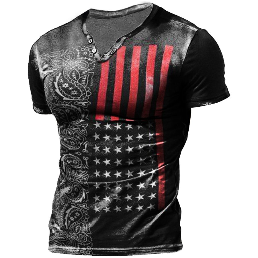 

Men's Vintage Flag Cashew Button Neck Print T-Shirt