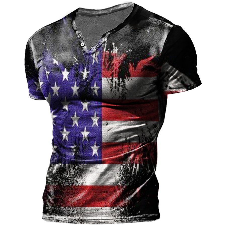 

Men's Vintage Flag Button Neck Print T-Shirt