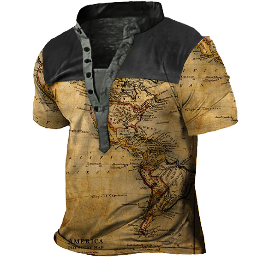 

Men's Vintage World Map Print Henley T-Shirt