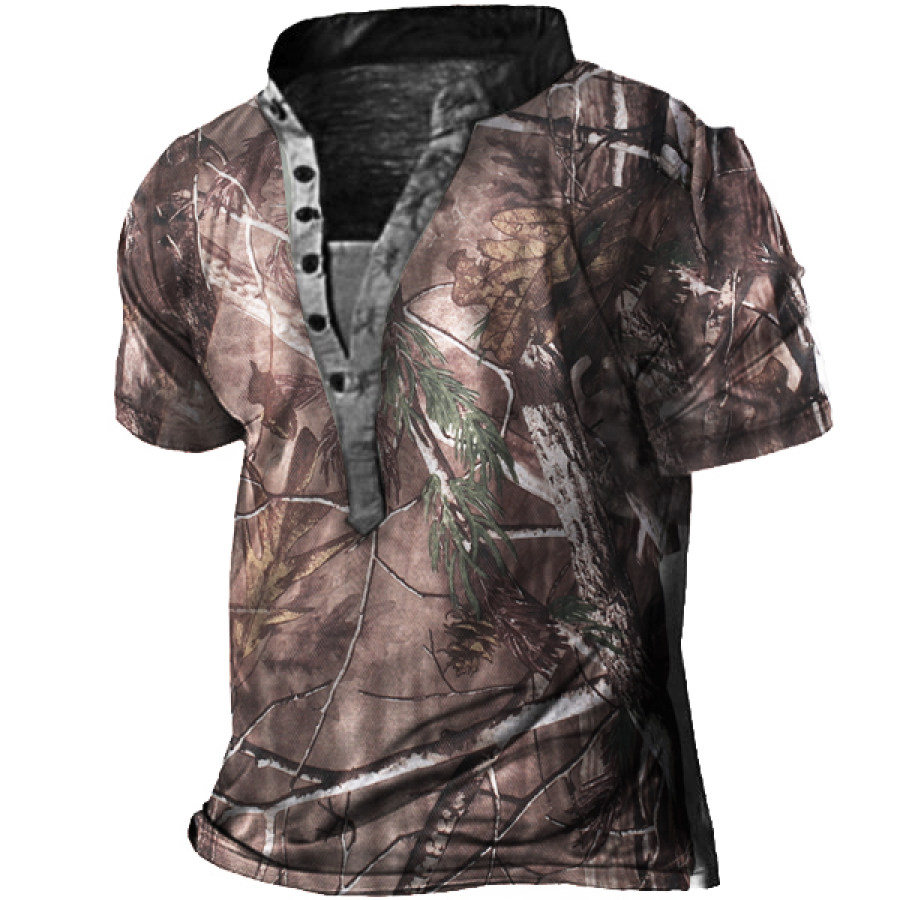 

Men's Outdoor Big Tree Camouflage Print Henley Collar T-Shirt