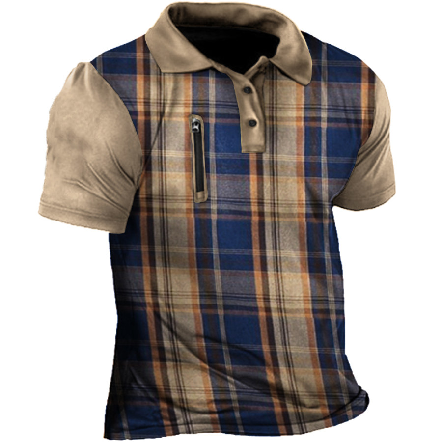 

Vintage Check Men's Outdoor Zip Pocket Polo Neck Short Sleeve T-Shirt