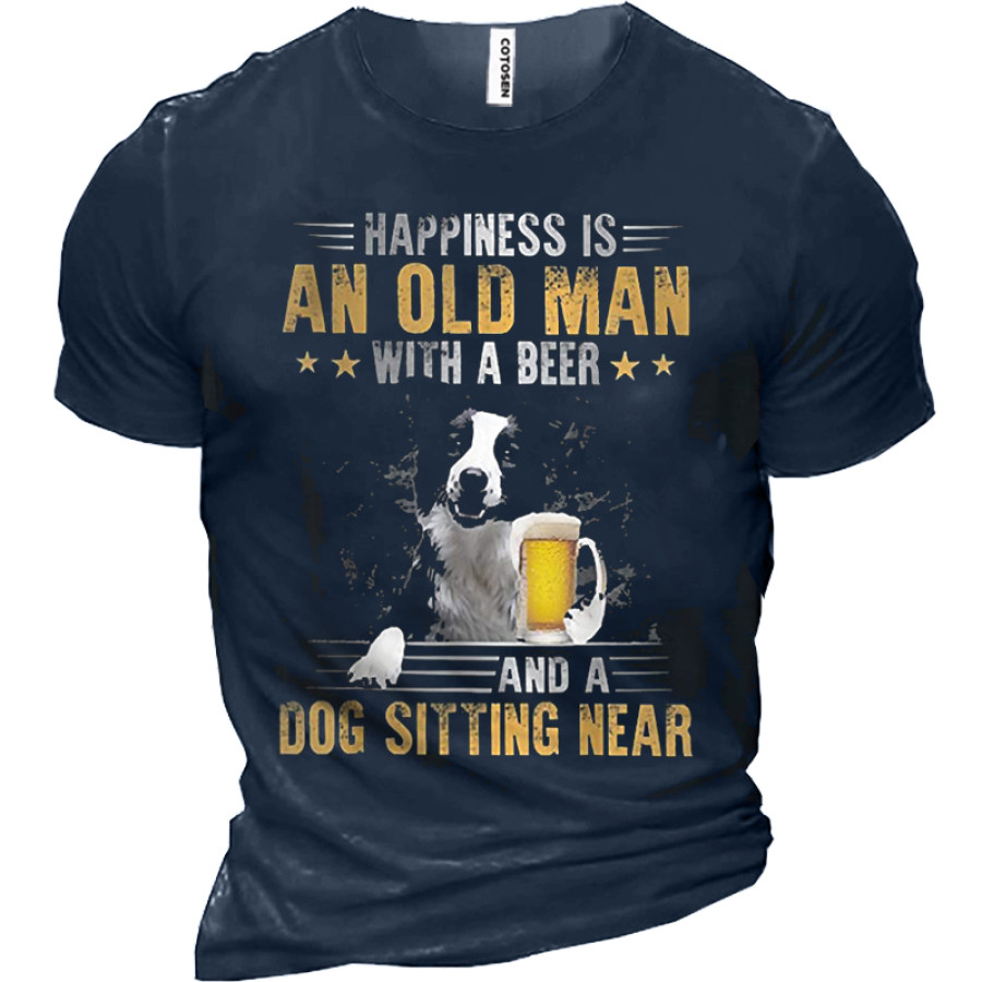 

Happiness Is An Old Man With A Beer And A Dog Sitting Near Men Cotton T-Shirt