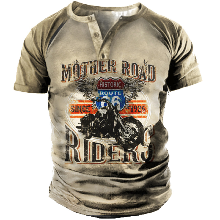 

Retro Motorcycle Print Men's Outdoor Henley Collar Short Sleeve T-Shirt