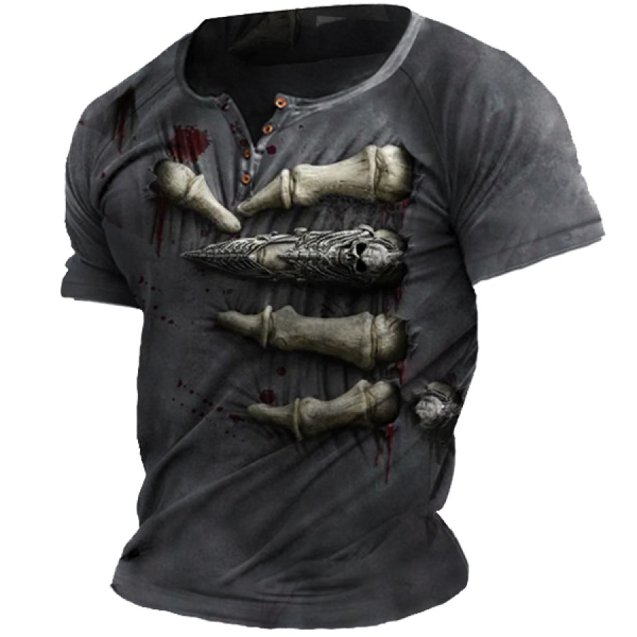 

Creative Skull Palm Print Men's Outdoor Henley Short Sleeve T-Shirt