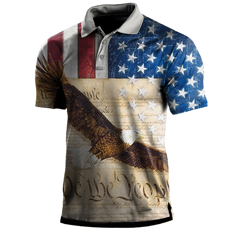 Men's Outdoor American Flag Chic Eagle Print Polo Neck T-shirt
