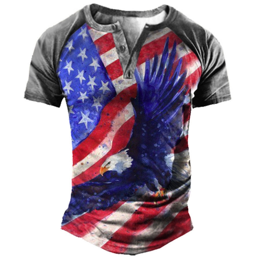 

Men's Outdoor American Flag Eagle Print Henley Collar T-Shirt