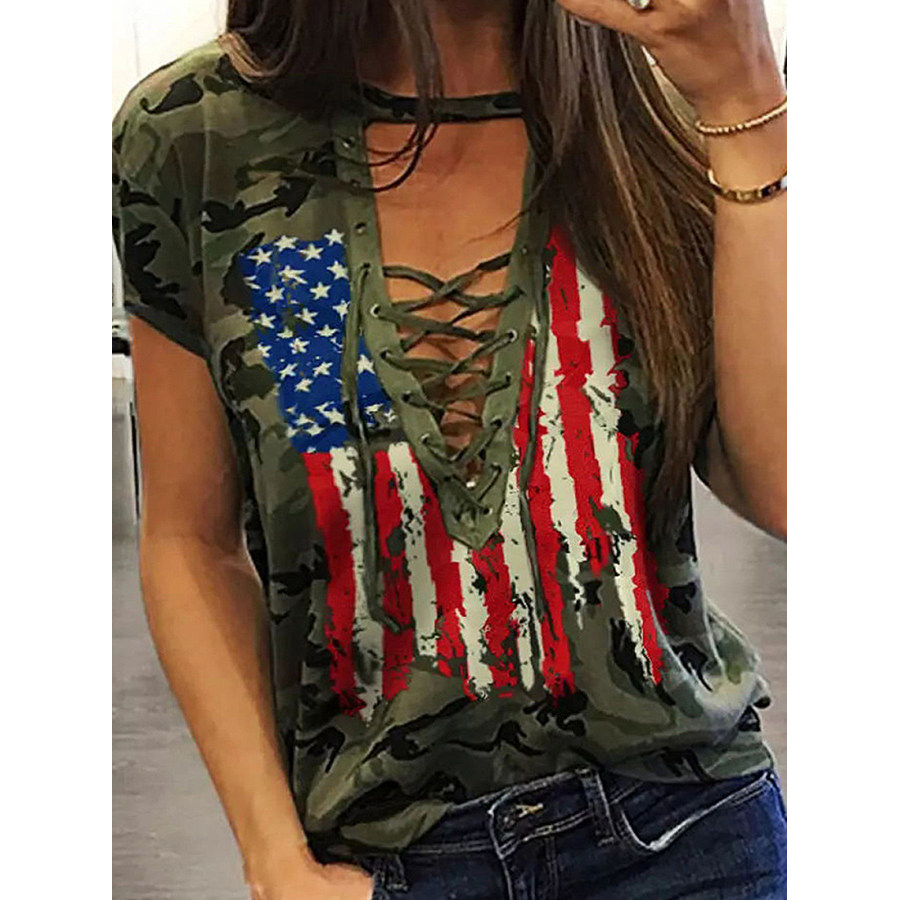 

American Flag Camo Print Women's Cross Strap V-Neck T-Shirt