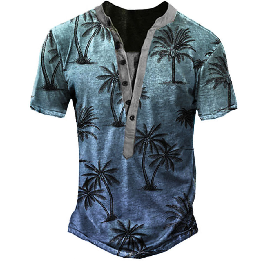 

Men's Hawaiian Coconut Tree Print Henley T-Shirt