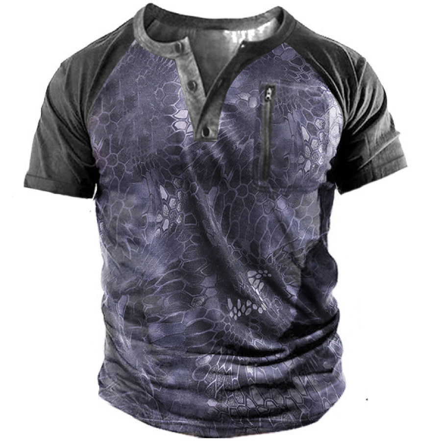 

Black Python Camo Print Men's Outdoor Zip Pocket Henley Tactical T-Shirt