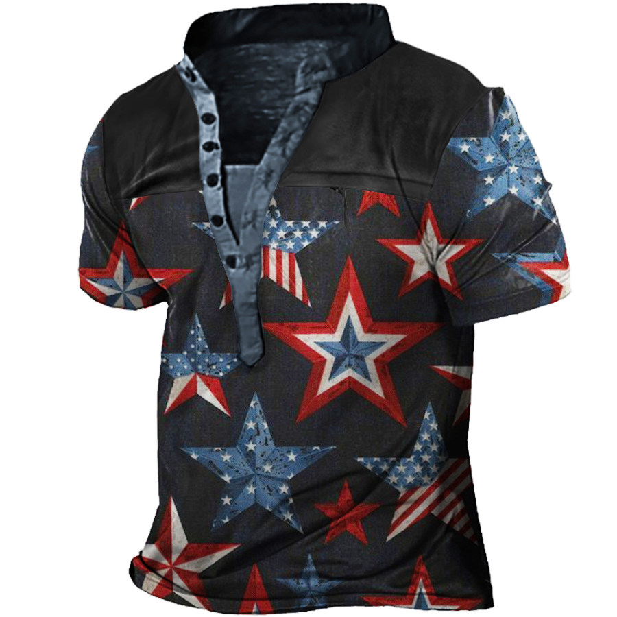 

Men's American Flag Stars Print Pocket Henley Collar T-Shirt