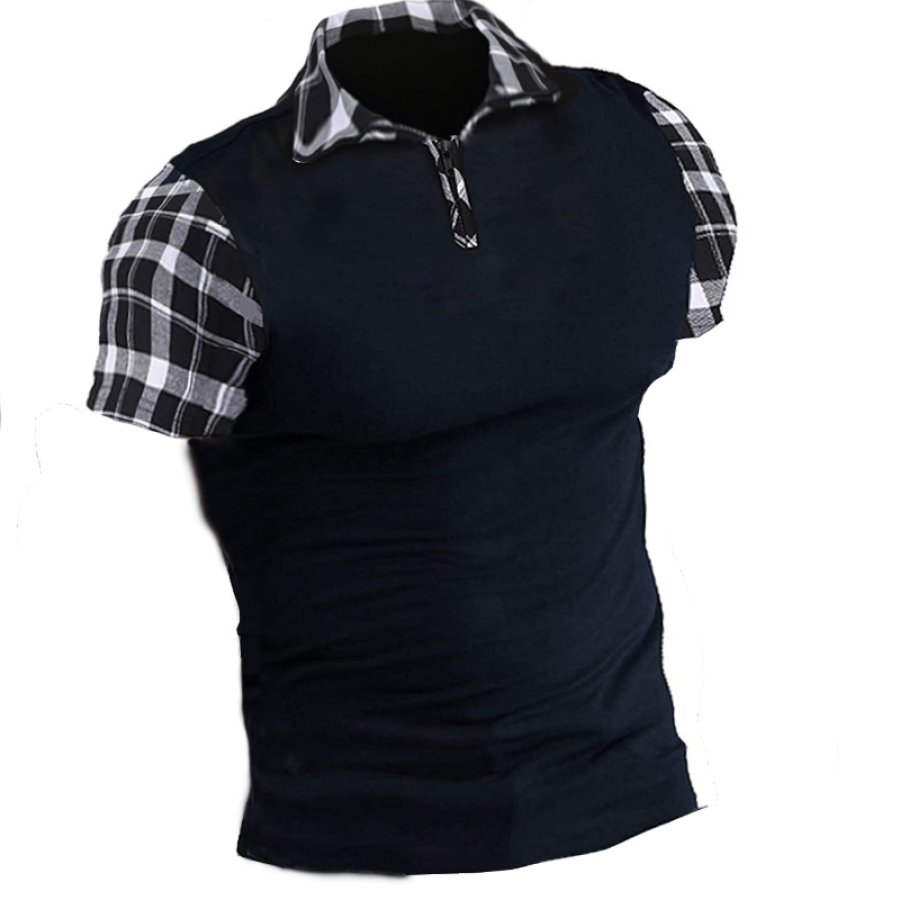 

Men's Vintage Plaid Panel Zip Neck T-Shirt