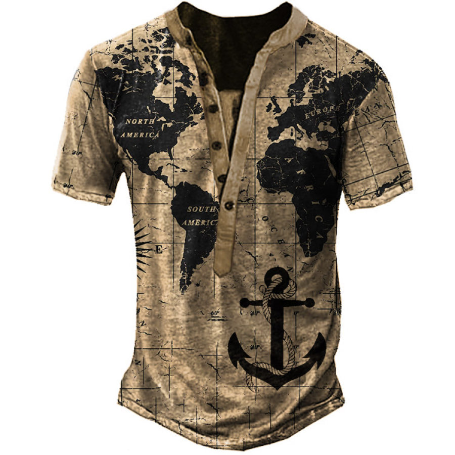 

Men's Vintage World Map Anchor Print Henley T-Shirt
