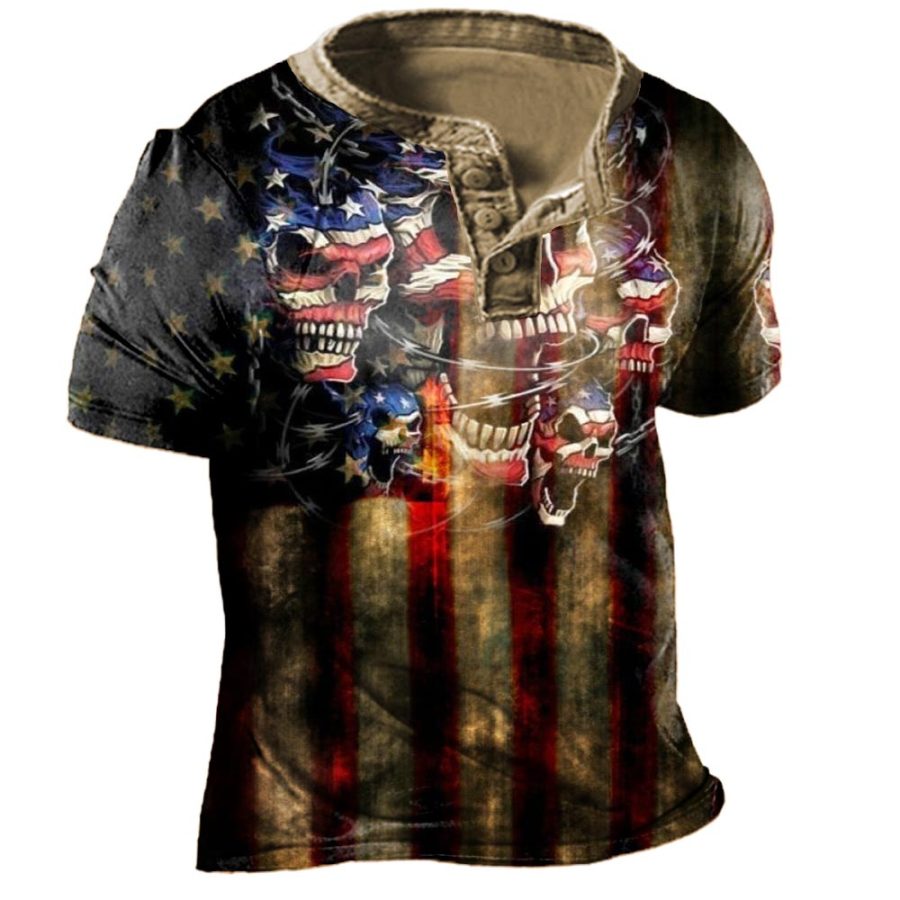 

Men's Skull Flag Henley Short Sleeve T-Shirt