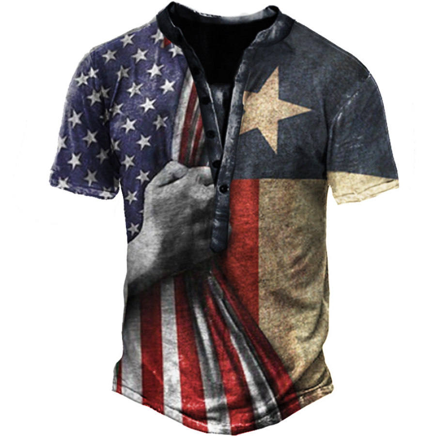 

Винтажная мужская футболка с коротким рукавом с воротником-стойкой и американским флагом на открытом воздухе