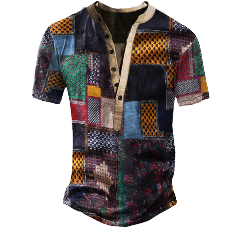 Vintage Ethnic Pattern Check Print Chic Men's Outdoor Henley Collar Short Sleeve T-shirt