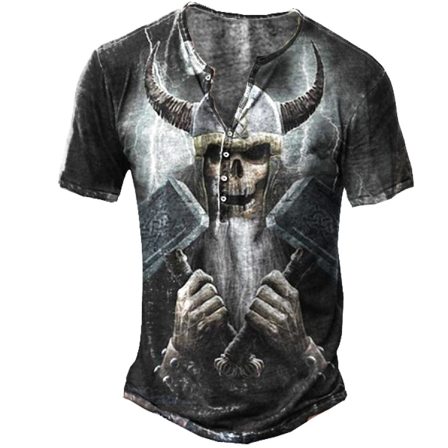 

Skull Punk Rock Street Print Men's Casual Henley Short Sleeve T-Shirt