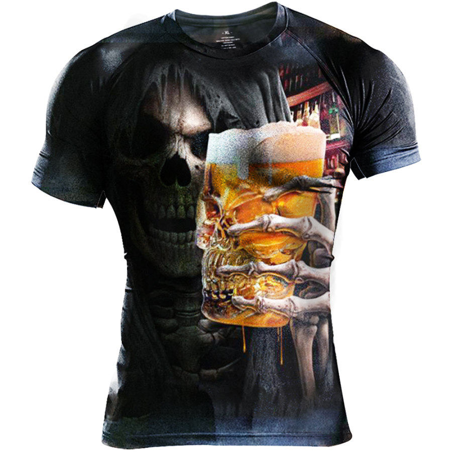 

Fun Beer Skull Punk Rock Print Men's Outdoor Sports Short Sleeve T-Shirt