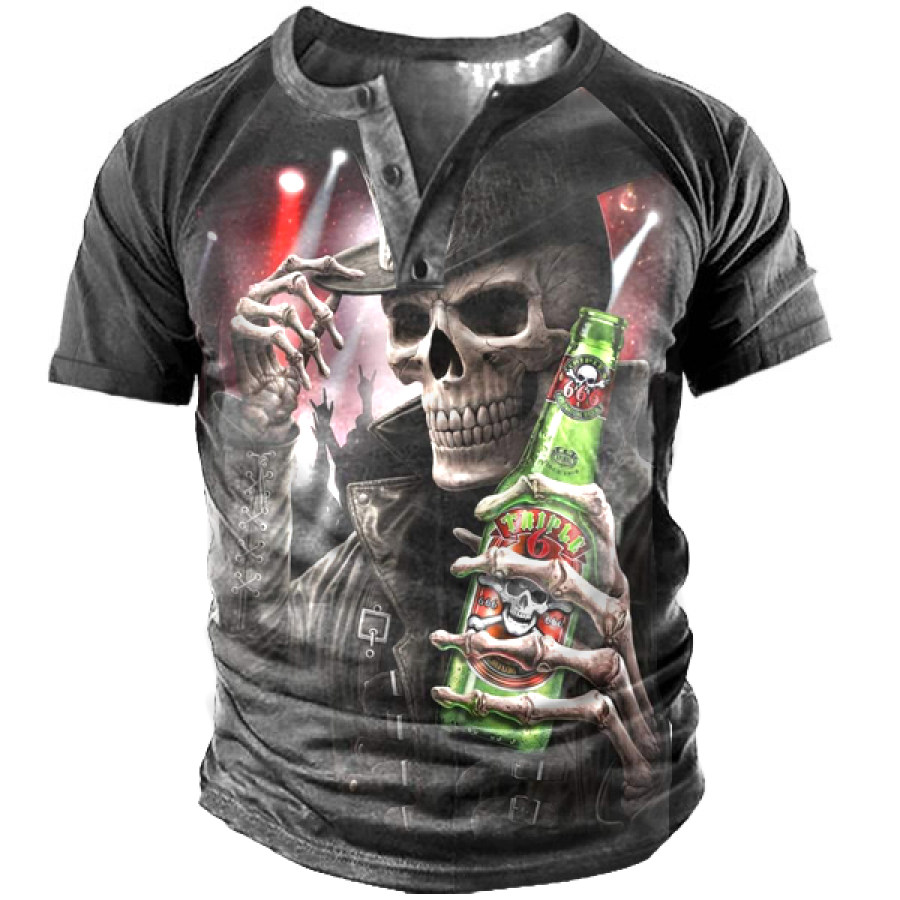 

Vintage Funny Skull Punk Rock Print Men Henley Tee