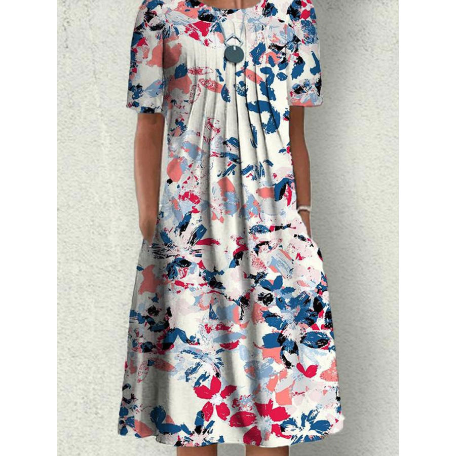 

Round Neck Casual Loose Floral Print Resort Short Sleeve Midi Dress
