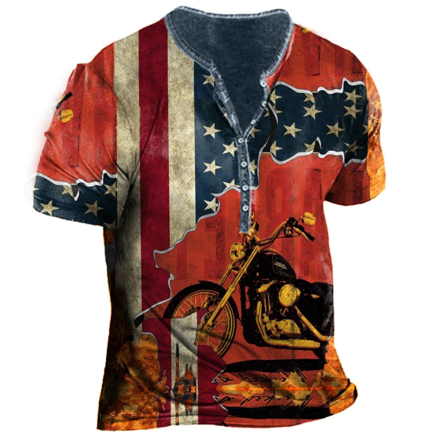 

Men's Flag Fire Motorcycle Henry Collar T-shirt